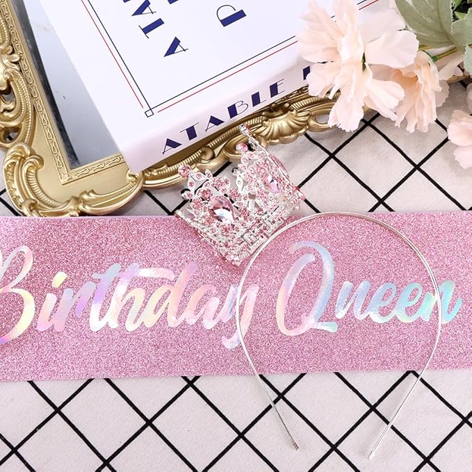 Birthday Queen Sash for Women Tiara & Crowns Headbands for Girls Happy Birthday Party Accessories Favor Supllies Leona Pink Silver, 2 Pack
