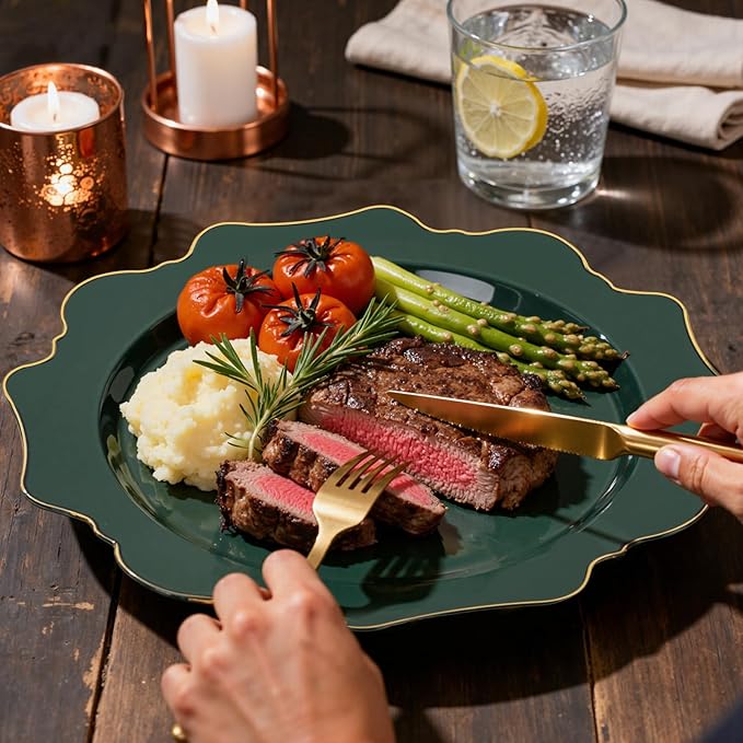 WDF 175Pcs Green Plastic Plates - Green Plates Disposable with Gold Rim - Christmas Plastic Plate - Fancy Disposable Dinnerware Sets 25 Guests Ideal for Christmas/Party/Wedding