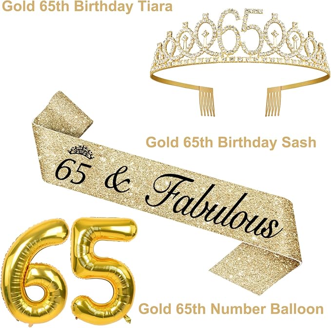 65th Birthday Decorations for Women with Tiara and Sash, Candles and Cake Topper, Number Balloons, 65th Birthday Gifts for Women