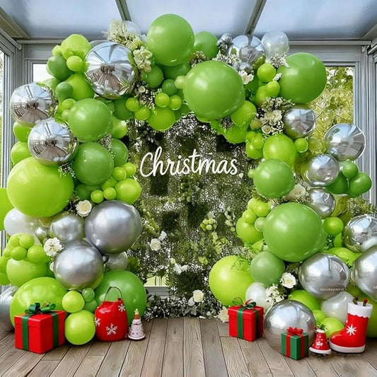 Green Silver Balloon Arch Double Stuffed Lime Green Metallic Sliver Balloon Garland Clear Bobo Balloons for Christmas Birthday Baby Shower Safari Jungle Graduation Party Decorations