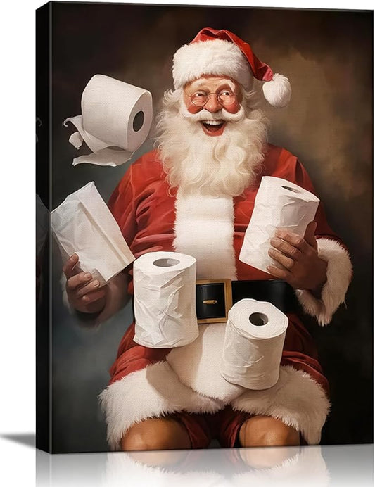 Funny Santa Christmas Canvas Wall Art for Bathroom, Humorous Framed Canvas Prints Ready to Hang, Unique Christmas Gifts for Home & Office Christmas Decorations