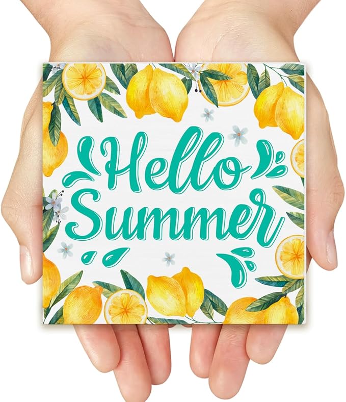 Lemon Decor Hello Summer Wood Block Sign Summer Decorations for Home Kitchen 5 x 5 Inches