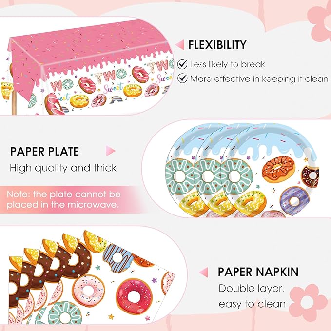 41Pcs Donut Grow Up Party Tableware Set - Sprinkle Paper Plates,Napkins,Table cloth丨Sweet One Birthday,Four Ever&Two Sweet Birthday,Baby Sprinkle Party Decorations Supplies,Serves 20