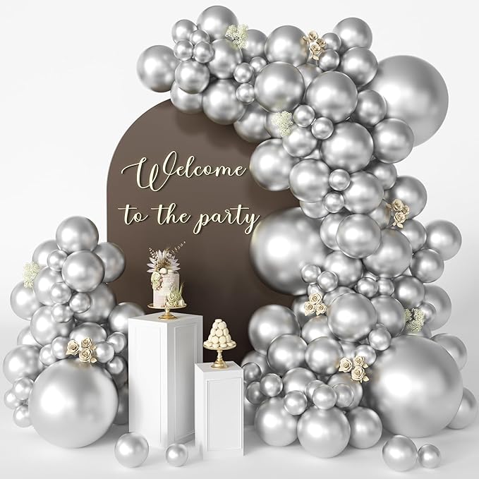 Silver Balloon Arch Kit, 125 Pcs Silver Balloons Different Sizes 18 12 10 5 Inch Metallic Silvers Balloons for Birthday Wedding Graduation Baby Shower New Year Party Decoration