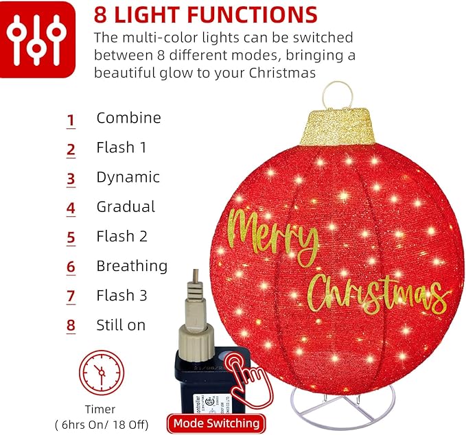 HOYECHI 2pc Lighted Pop-Up Outdoor Christmas Ornament Set – Holiday Ball Decorations with 200 LED Lights, 8 Lighting Modes, for Yard & Outdoor Christmas Decor - Red/Green