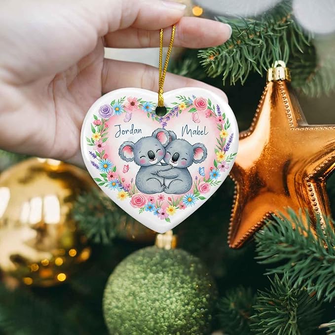Personalized Koala Married Couple Xmas Ceramic Ornament, Koala with Flowers Heart Ornament Christmas, New Couple Keepsake Gift for Animal Lovers Couples, Custom Names Hugging Koalas Ornaments Xmas