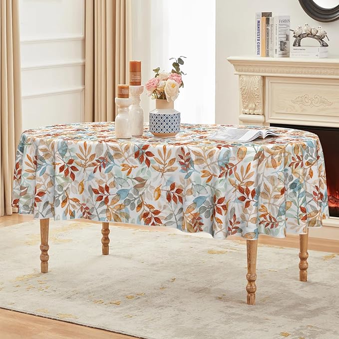 Horaldaily Fall Tablecloth 60×84 Inch Oval, Thanksgiving Autumn Harvest Orange Blue Watercolor Leaf Table Cover for Party Picnic Dinner Decor