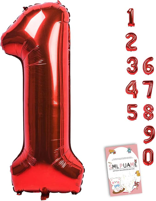 Smlpuame 40 Inch Red Number Balloon 0-9, Large Foil Self-Sealing Number 1 Balloon for Birthday Party, Wedding Anniversary, Celebration Decorations, Helium Digital Balloons Supplies