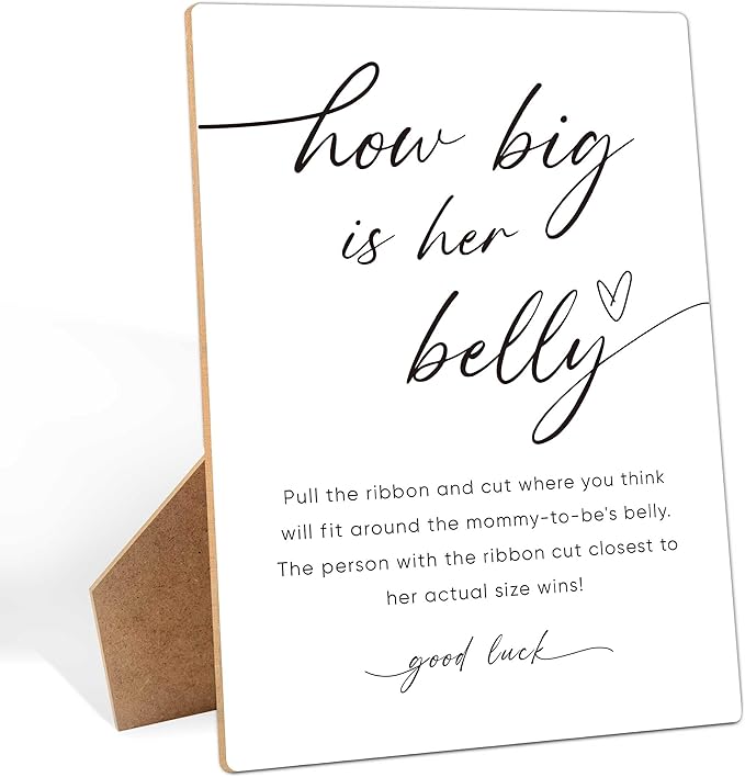 How Big Is Her Belly Sign, Measure the Belly Baby Shower Game， 8×11 Inches Wooden Sign With Stand, Gender Neutral Tabletop Decor for Gender Reveal Party, Baby Shower Decorations