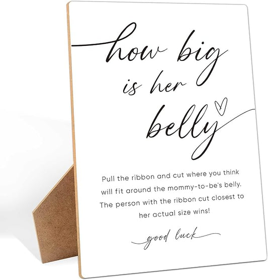 How Big Is Her Belly Sign, Measure the Belly Baby Shower Game， 8×11 Inches Wooden Sign With Stand, Gender Neutral Tabletop Decor for Gender Reveal Party, Baby Shower Decorations