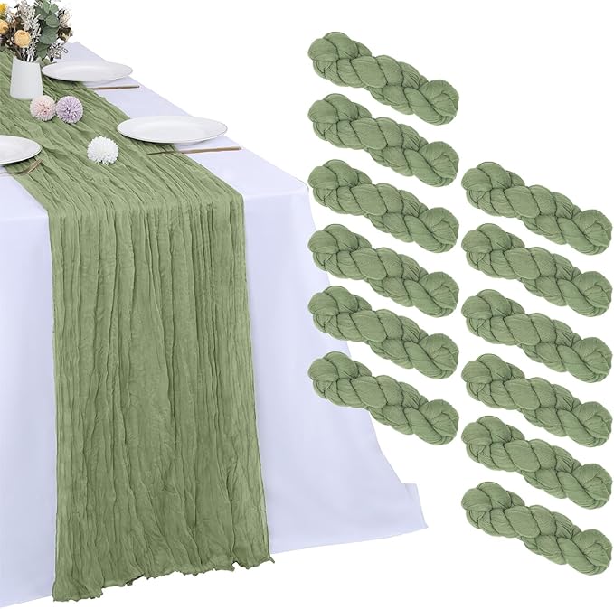 12 Pack Sage Green Cheesecloth Table Runner 10FT Boho Gauze Fabric Table Runner 35 x 120 Inch Rustic Sheer Runner for Centerpiece Wedding Decor Party Boho Table Decoration（Sage Green）