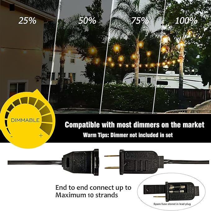 Outdoor String Lights 50FT G40 LED Globe Bulbs - Shatterproof, Connectable, Waterproof - 27 Bulbs (2 Extra), 25 E12 Hanging Lights for Patio, Bistro, Pergola, Gazebo