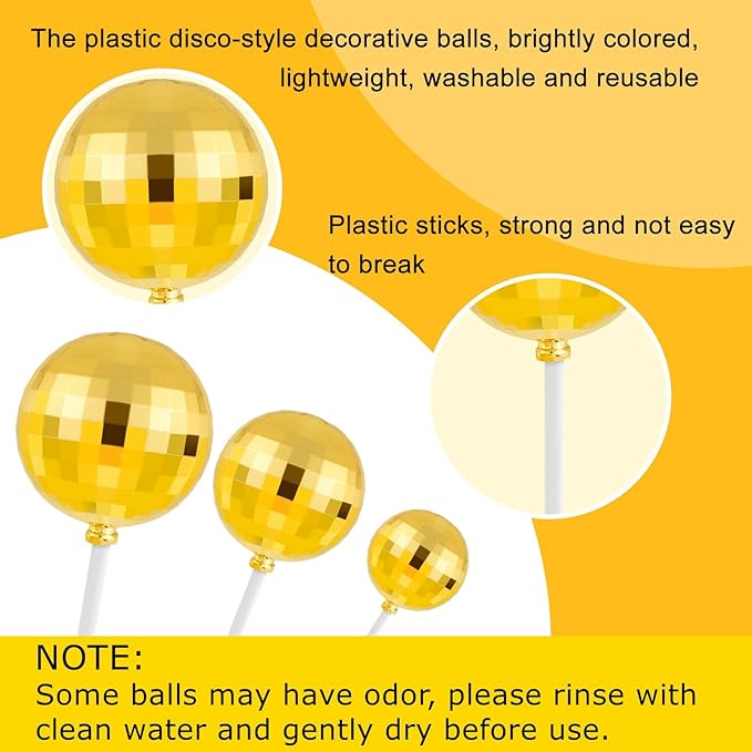 ASTARON 20 Pcs Disco Ball Cake Topper Decorations Sticks Gold Cake Balls Picks Toppers for Birthday Anniversary Disco Retired Theme Party Decorations