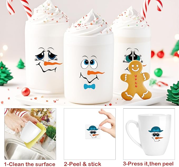 60 Pcs Christmas Face Stickers for Crafts Small 2 inch Vinyl Rub on Transfers UV Snowman Faces Pitcher Decals for Ornaments Glass Drinking Cups Wood Bowl Decorations Balls Party Supplies (snow60)