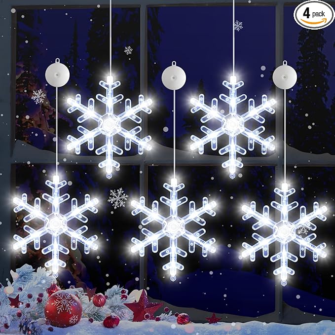5Pack Christmas Window Lights Decorations with Timer,Battery Powered Christmas Hanging White Lighted Snowflake Shaped LED Sucker for Xmas Tree Fireplace Indoor Decor