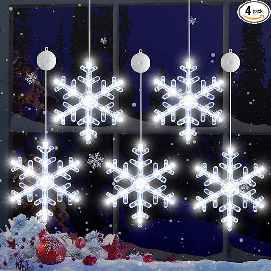 5Pack Christmas Window Lights Decorations with Timer,Battery Powered Christmas Hanging White Lighted Snowflake Shaped LED Sucker for Xmas Tree Fireplace Indoor Decor