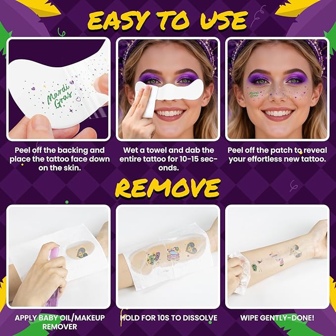 EMOME Mardi Gras Decorations, Mardi Gras Freckles Face Tattoos with Body Glitter Temporary Tattoo Stickers, Mardi Gras Costume Outfit Makeup Accessories Carnival for Women, Girls, Party Favors