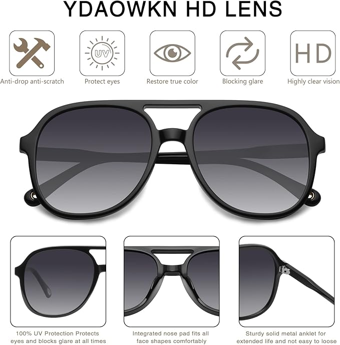 YDAOWKN Retro Square Aviator Sunglasses for Womens Mens Vintage 70s Double Bridge Sun Glasses