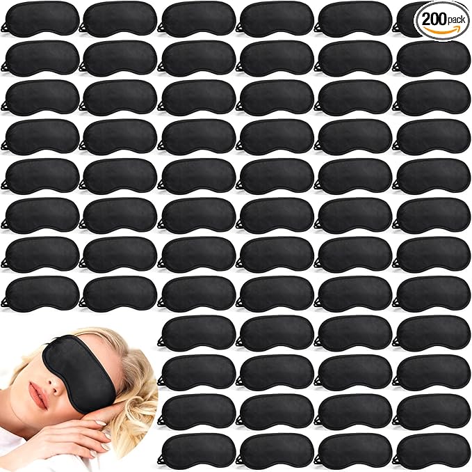 Tarpop 200 Pcs Eye Mask Sleeping Blindfold Eye Cover with Adjustable Strap for Games Party Team Building Travel Individually Wrapped Sleep Mask for Women Men(Black)
