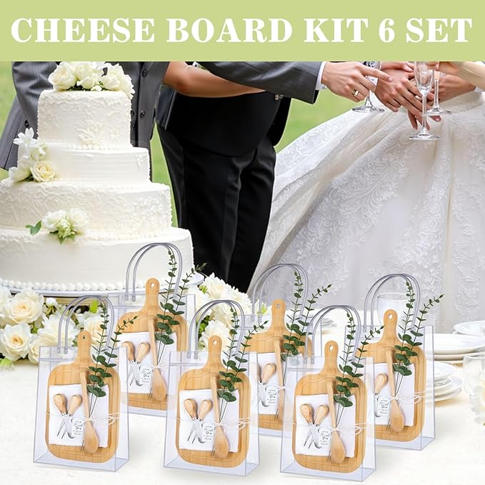 6 Sets Baby Shower Prizes for Game Winners - Bamboo Cheese Charcuterie Boards Set with Knife, Spoon, Towel & Gift Bags for Guests, Bridal Shower Favors