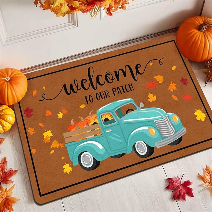 Thanksgiving Doormat Fall Truck Door Mat, Vintage Fall Truck Decor for Covered Outdoor Area Pumpkin Welcome Mat for Autumn Halloween Thanksgiving Farmhouse Decor, 24"x16"inch, 24"x16"inch