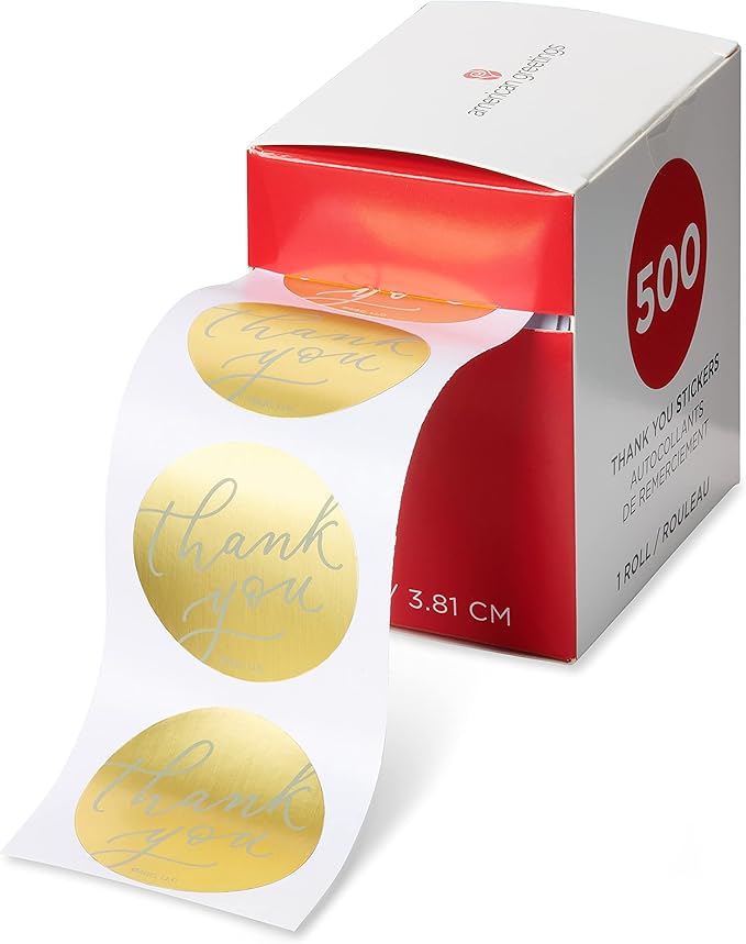 American Greetings Thank You Stickers or Seals, White Script on Gold Foil (500-Count)