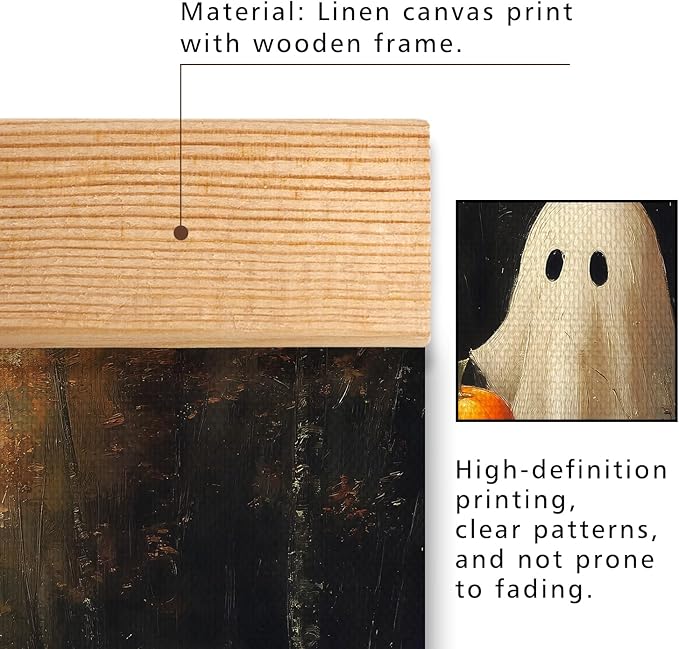 Rustic Halloween Ghost and Pumpkin Wall Art 18.5x14 Inch, Vintage Farmhouse Linen Canvas Wall Hanging Poster , Halloween Home Decor, Retro Gothic Haunted House Theme Wall Poster for Living Room Bedroom(BLK09)