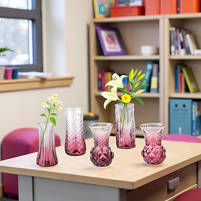 Glass Bud Vase Set of 5: Eylkoi Pink Vases for Centerpieces Decorative, Vintage Embossed in Bulk Crystal Textured Cute, Wedding Decor Mini Flower Floral Vase for Rustic Wedding, Home Table, Party