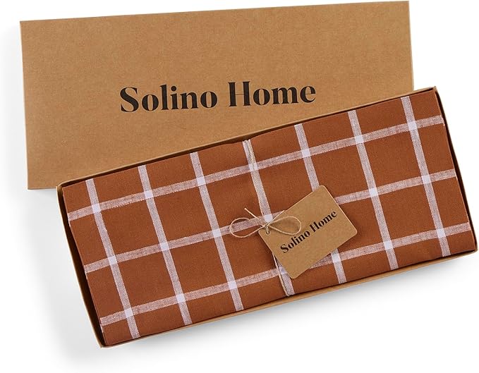 Solino Home Fall Plaid Table Runner 120 Inches Long - 100% Pure Linen Windowpane Cinnamon Table Runner 14 x 120 Inch for Dining, Autumn, Thanksgiving