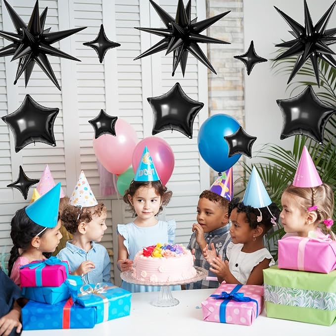 16 Pcs Black Star Balloons,22/18/10 Inch Foil Balloons, Four-Pointed Balloon for Kids Birthday Graduation Celebration Wedding Baby Shower Party Decorations