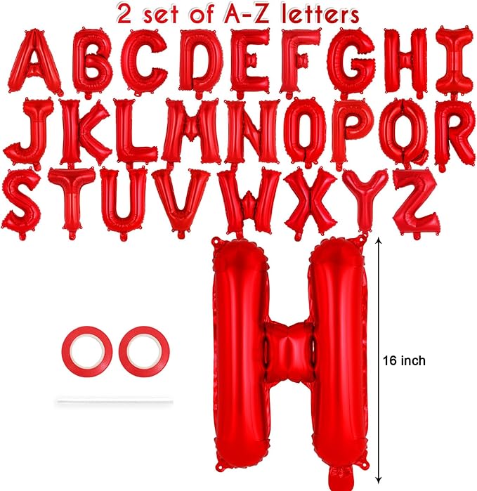 52 Pcs Red Letter Balloons,16 Inch Foil Alphabet Letter Balloons,Letter A-Z Balloon Banner Custom Phrase Balloon for Birthday Party Wedding Anniversary Decoration (Red 52pcs)