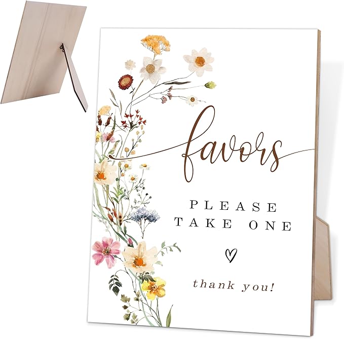 Flower Favors Please Take One Sign, Wedding Decorations for Reception, Bridal Shower Party Decor, Table Centerpieces for Party, Wedding Guest Gifts, 6X8 Inch Wooden Bridal Shower Sign with Stand, 14