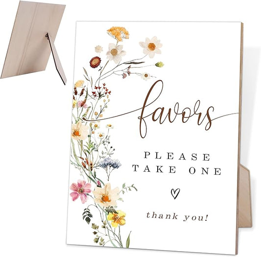 Flower Favors Please Take One Sign, Wedding Decorations for Reception, Bridal Shower Party Decor, Table Centerpieces for Party, Wedding Guest Gifts, 6X8 Inch Wooden Bridal Shower Sign with Stand, 14
