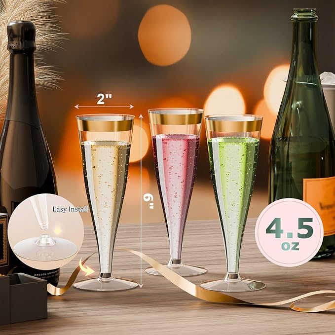 40 Pack Plastic Champagne Flutes Gold Rim Disposable Champagne Glasses, 4.5 Oz Mimosa Glasses Bulk Cocktail Toasting Cups for Party Supplies Wedding Bride Bar, Copas De Plastico Para Brindis