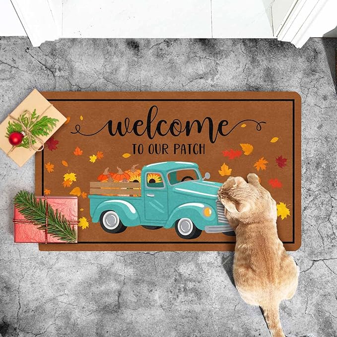 Thanksgiving Doormat Fall Truck Door Mat, Vintage Fall Truck Decor for Covered Outdoor Area Pumpkin Welcome Mat for Autumn Halloween Thanksgiving Farmhouse Decor, 24"x16"inch, 24"x16"inch