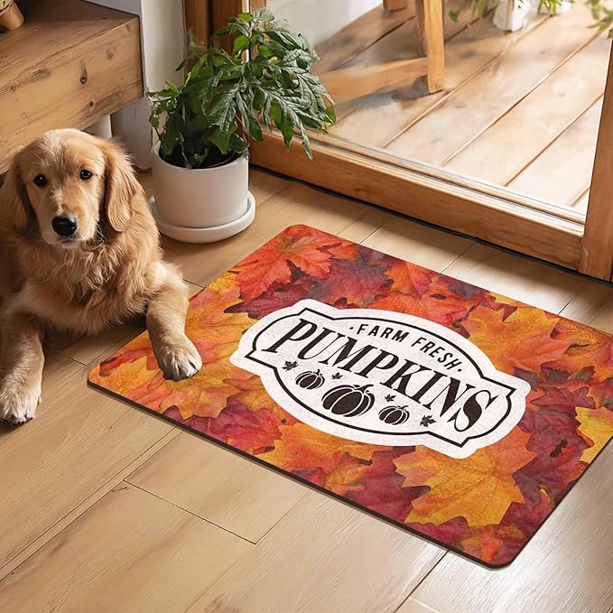 Fall Welcome Maple Leafs Decorative Door Mat, Autumn Thanksgiving Doormat for Indoor Outdoor Entrance Floor Mats,Fall Pumpkins Non Slip Harvest Vintage Decor Rubber Welcome Mats 30" x 18" Inch