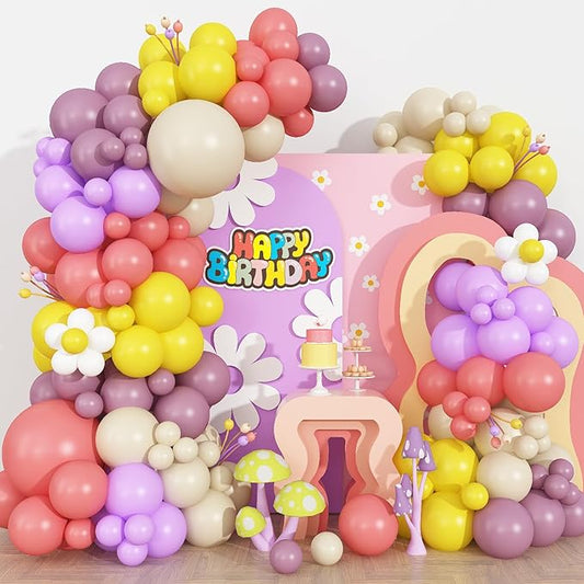 Dusty Pink Purple Balloons Arch Yellow White Balloon Groovy Theme Birthday Party Decorations Pastel Purple Beige Latex Helium Balloons Flower Disco Party Decor Wedding Baby Shower