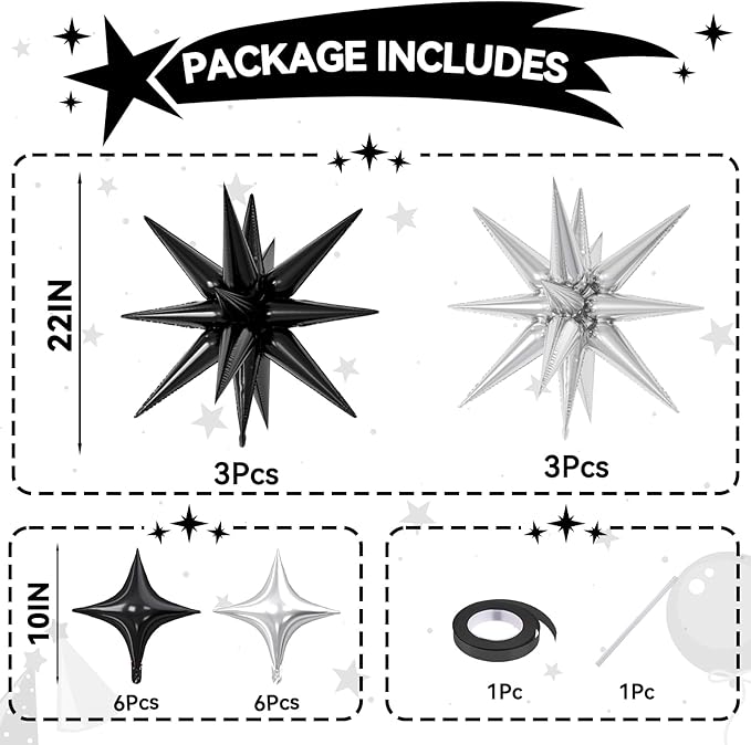 18 Pcs Black Silver Star Balloons, Silver and Black Balloon with 6 Pcs 22-Inch Explosion Star Balloons 12Pcs 10-Inch Four Pointed Stars Foil Balloon for Anniversary Birthday Party Decorations