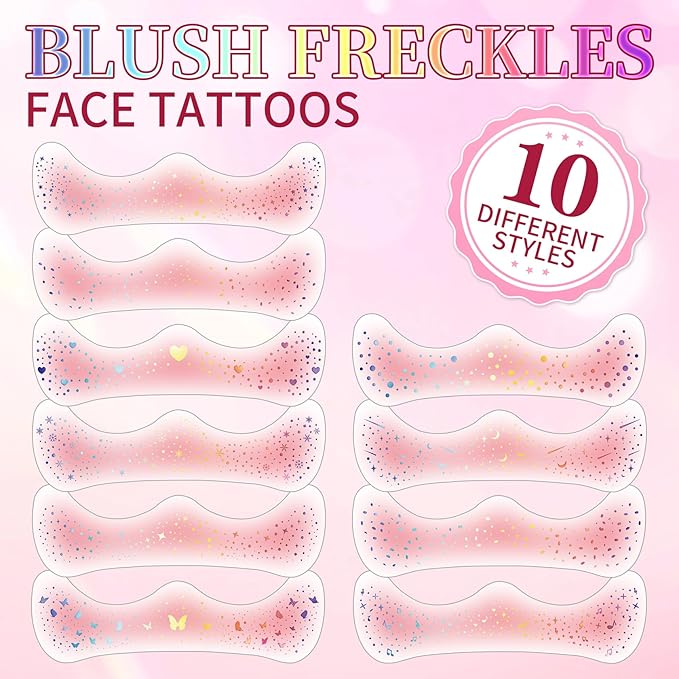 10PCS Glitter Freckles Face Tattoos, 2 in 1 Pink Blush Holographic Face Temporary Tattoos, Long Lasting Waterproof Glitter Makeup Patches for Women