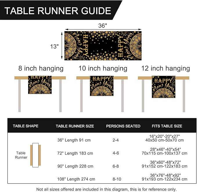 Seliem Happy New Year 2026 Table Runner, Black Gold Stars Clock Celebration Kitchen Dining Table Decor, Golden Fireworks Christmas Winter Home Decoration Indoor Outdoor Party Supply 13 x 36 Inches