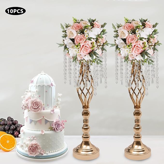 Wedding Centerpieces Gold Vases,10PCS Metal Flower Candle Holder with Sparkling Crystal Beads,Crystal Flower Vase Metal Flowers Stand for Party Tables Decorations (10PCS-Gold-14cm)