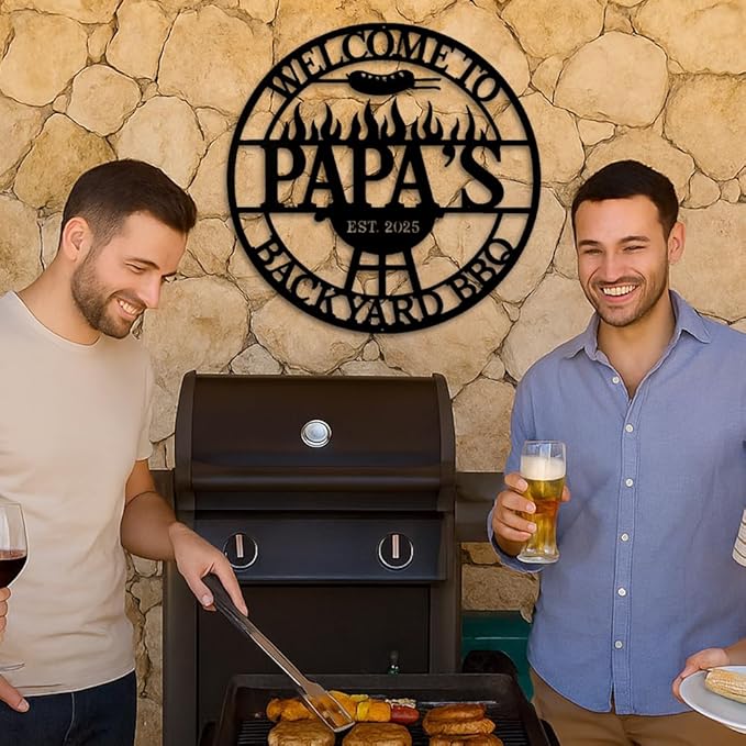 Custom Backyard BBQ Metal Sign, Personalized Papa’s Grill and Barbecue Plaque with Fire Pit Design, Outdoor Patio Yard Wall Decor, Rustic Metal Wall Art, Gift Idea for Birthday, Christmas, Holiday