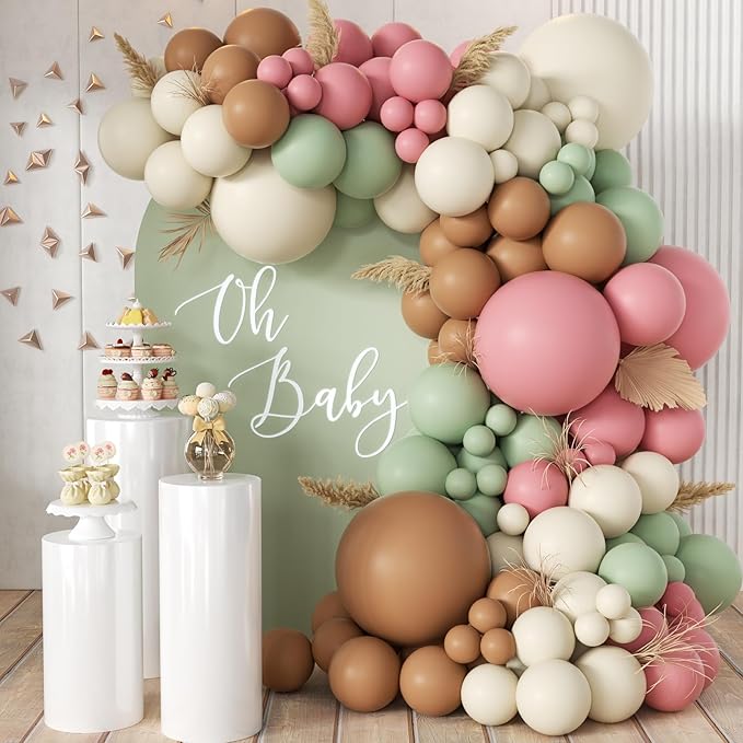Pink Green Brown White Balloon Garland Arch Kit, 166Pcs Blush Pink Pastel Green White Sand Tan Brown Boho Balloons for Baby Shower Birthday Wedding Safari Jungle Woodland Party Decorations