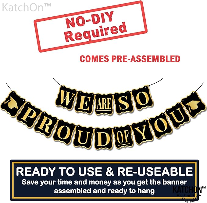 KatchOn, Black and Gold Graduation Party Decorations 2025 - Pack of 34 | We Are So Proud of You Banner | Grad Hanging Swirls with Pomp Poms for 2025 Grad | Graduation Decorations 2025