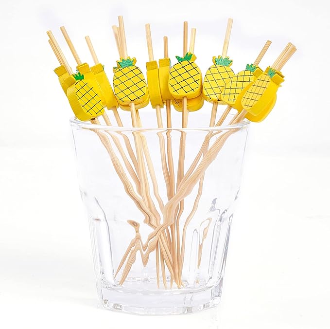 PuTwo Cocktail Picks Handmade Bamboo Toothpicks 100pcs 4.7" in Yellow Pineapples