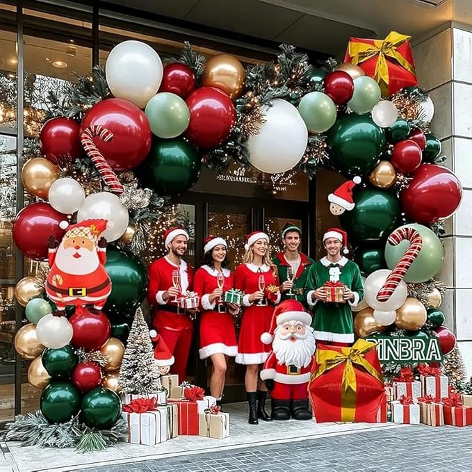Christmas Balloon Arch Kit Double Stuffed Dark Green Red White Balloon Emerald Green Gold Burgundy Garland Pearl White Latex for Birthday Wedding Festival Christmas Party Decorations