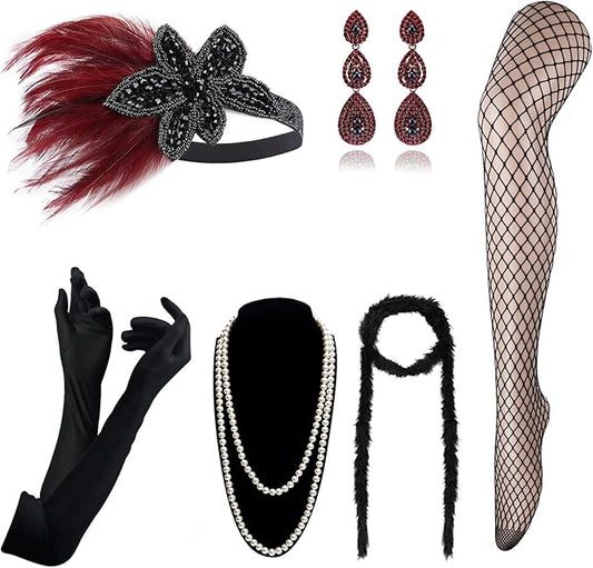DRESHOW 1920s Great Gatsby Accessories for Women Flapper Headpiece Headband Gloves Costume Harlem Nights Accessories Set