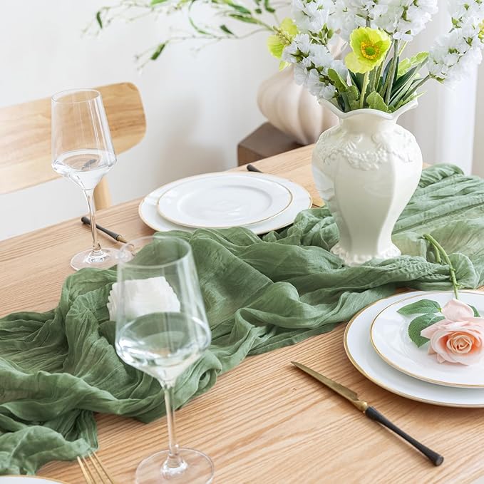 Asee'm 12pcs Cheesecloth Table Runner 120 Inches Sage Green Boho Gauze Cheese Cloth Runner 10FT Rustic Sheer Table Runners for Summer Wedding Baby Shower Holiday Party Decoration