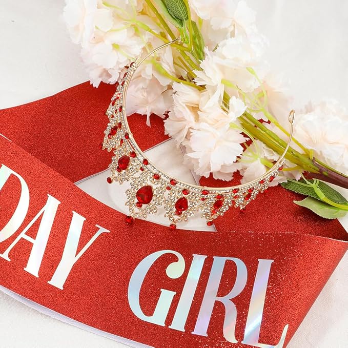 Birthday Crown Headband Birthday Sash Tiaras for Women Red Crown Princess Tiara Red Tiara Birthday Tiara for Women Tiara Headbands for Women Birthday Sash and Crown for Birthday Party, Gold+Red