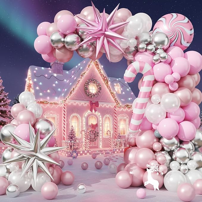Christmas Balloon Arch Kit, Pink and White Silver Balloons Garland Arch with Double Pearl White Pink Balloons, Candy Cane Windmill Star foil Balloon for Christmas New Year Winter Decorations